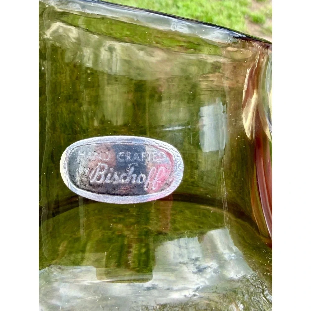 Bischoff Hand Crafted Glass Pitcher Olive Green‎ Smoke / Avocado MCM 6in